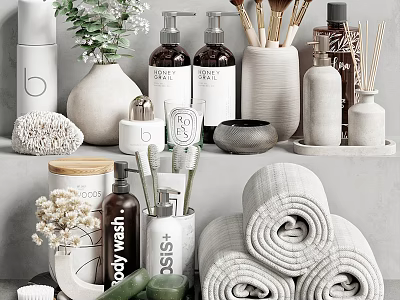 Essential Bathroom Accessories Including Rolled Towels Body Wash Bottles And Ceramic Containers 3d model