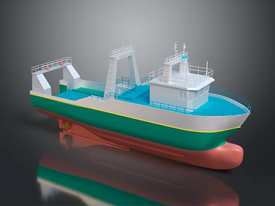 Wooden Boat Featuring Green White Blue Red Hull With Cabins And Rails On Deck 3d model