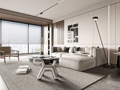 Modern Living Room Interior With Large Windows Light Sofa Coffee Table Floor Lamp And Rug 3d model