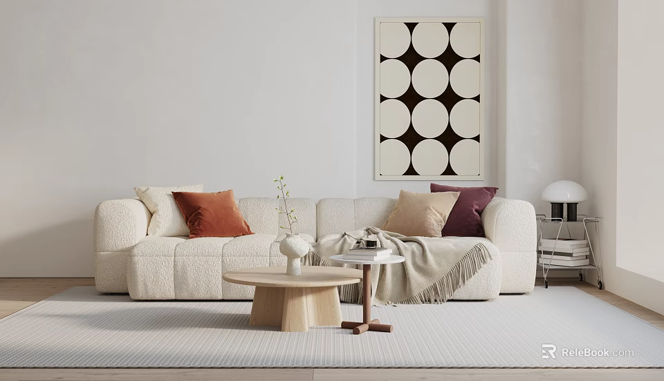 Beige Upholstered Double Sofa With Colorful Cushions Throw Blanket And Wooden Coffee Table 3d model 