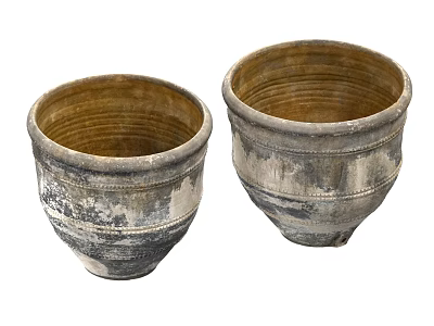Two Traditional Handcrafted Ceramic Vessels with Textured Details and Earthy Color Tones 3d model