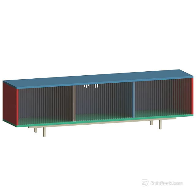 Modern Console Cabinet With Blue Red Green Striped Panels And Metal Legs 3d model 