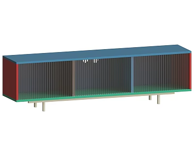 Modern Console Cabinet With Blue Red Green Striped Panels And Metal Legs 3d model