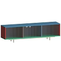 Modern Console Cabinet With Blue Red Green Striped Panels And Metal Legs
