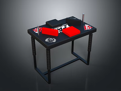 Black Household Table With Red Cushions And Storage Items For Daily Use 3d model