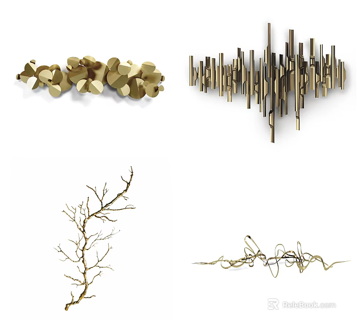 Modern Gold Wall Decor with Geometric Linear Branch and Vine Designs 3d model