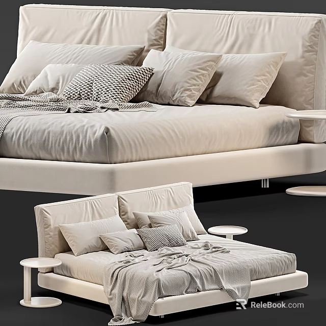 Modern Double Bed With Multiple Decorative Pillows Soft Blanket And Side Table 3d model 