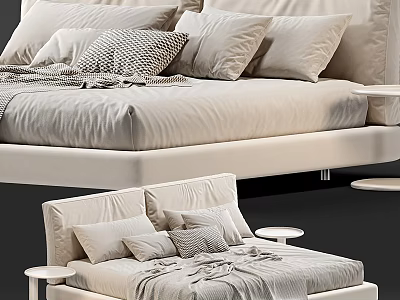 Modern Double Bed With Multiple Decorative Pillows Soft Blanket And Side Table 3d model