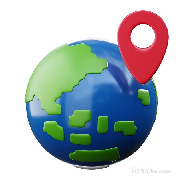 Colorful Decorative Ornament Set With Blue Globe Green Landmasses And Red Location Pin 3d model 