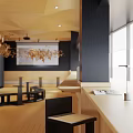 Stylish Café Interior With Geometric Wooden Ceiling Black Bar Counter Curved Seating And Coffee Supplies