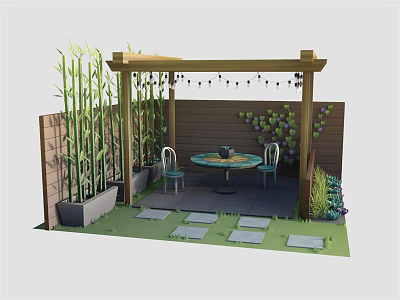 Cartoon Scene Of Cozy Backyard With Wooden Pergola Bamboo Plants String Lights And Table Chairs 3d model