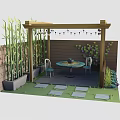 Cartoon Scene Of Cozy Backyard With Wooden Pergola Bamboo Plants String Lights And Table Chairs