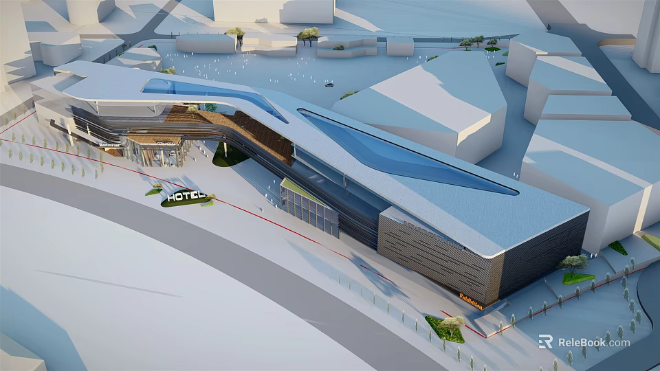 Modern Commercial Complex Architecture With Glass Curtain Walls Unique Roof And Surrounding Greenery 3d model 