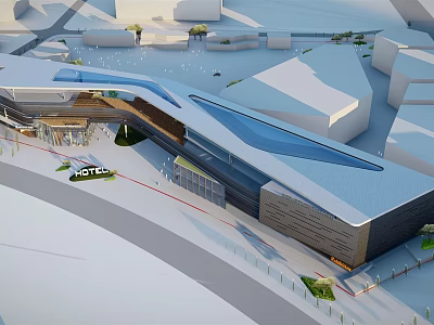 Modern Commercial Complex Architecture With Glass Curtain Walls Unique Roof And Surrounding Greenery 3d model