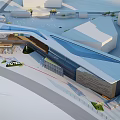 Modern Commercial Complex Architecture With Glass Curtain Walls Unique Roof And Surrounding Greenery
