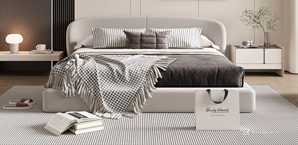 Modern Double Bed Interior With Curved Headboard Striped Pillows And Checkered Blanket 3d model 