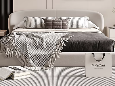 Modern Double Bed Interior With Curved Headboard Striped Pillows And Checkered Blanket 3d model