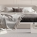 Modern Double Bed Interior With Curved Headboard Striped Pillows And Checkered Blanket