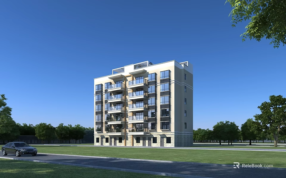 Modern Multi Story Residential Building With Balconies Green Trees Lawn And Blue Sky 3d model 