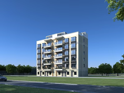 Modern Multi Story Residential Building With Balconies Green Trees Lawn And Blue Sky 3d model