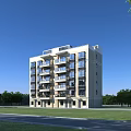 Modern Multi Story Residential Building With Balconies Green Trees Lawn And Blue Sky