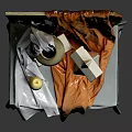 Still Life Composition With Orange Gray Fabrics Clay Pot Geometric Shape And Wooden Board