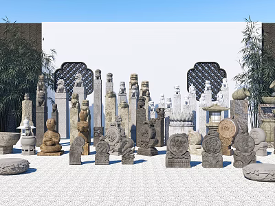 Various Carved Stone Pillars With Green Plants White Wall And Blue Sky Background 3d model
