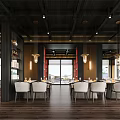 Modern Restaurant Interior With Marble Counter Hanging Lights White Chairs And Wooden Floors