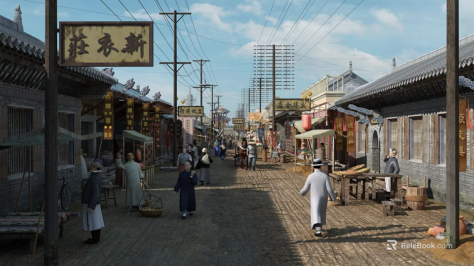Traditional Chinese Commercial Street With Retro Architecture Pedestrians And Traditional Shops 3d model 
