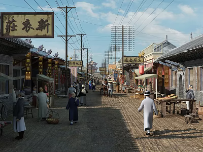 Traditional Chinese Commercial Street With Retro Architecture Pedestrians And Traditional Shops 3d model