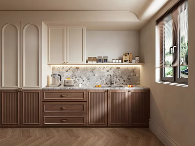 Modern Elegant Kitchen With Wooden Cabinets Marble Countertop And Natural Light Window 3d model