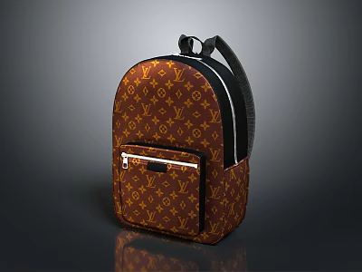 Fashionable Backpack Brown With Yellow Monogram Pattern Black Straps And Front Zipper Pocket 3d model