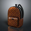 Fashionable Backpack Brown With Yellow Monogram Pattern Black Straps And Front Zipper Pocket