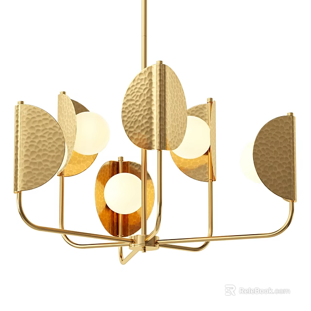 Modern Gold Geometric Chandelier with Frosted Glass Bulbs and Hammered Metal Panels 3d model 