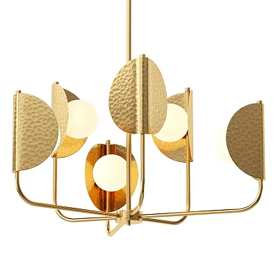 Modern Gold Geometric Chandelier with Frosted Glass Bulbs and Hammered Metal Panels 3d model