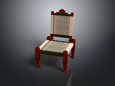 Traditional Red Wooden Chair With Woven Seat Backrest And Decorative Carved Top 3d model