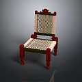 Traditional Red Wooden Chair With Woven Seat Backrest And Decorative Carved Top