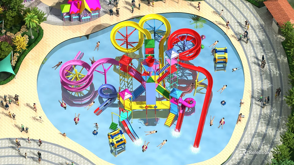 Exciting Water Park Playground with Colorful Slides and Visitors Enjoying Pool Fun 3d model 