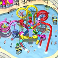 Exciting Water Park Playground with Colorful Slides and Visitors Enjoying Pool Fun