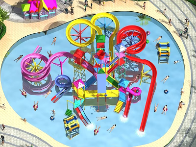 Exciting Water Park Playground with Colorful Slides and Visitors Enjoying Pool Fun 3d model
