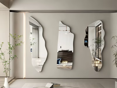 Three Abstract Shaped Mirrors Decor Modern Living Room Wall With Plants 3d model