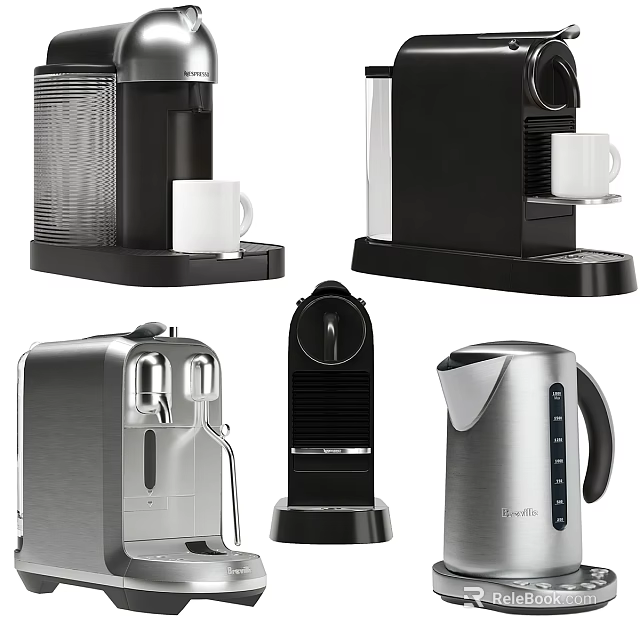 Various Modern Kitchen Appliances With Stainless Steel And Black Designs Including Coffee Makers And Kettles 3d model 