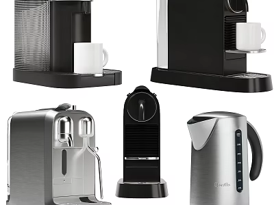Various Modern Kitchen Appliances With Stainless Steel And Black Designs Including Coffee Makers And Kettles 3d model