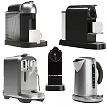 Various Modern Kitchen Appliances With Stainless Steel And Black Designs Including Coffee Makers And Kettles