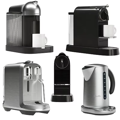 Various Modern Kitchen Appliances With Stainless Steel And Black Designs Including Coffee Makers And Kettles 3d model