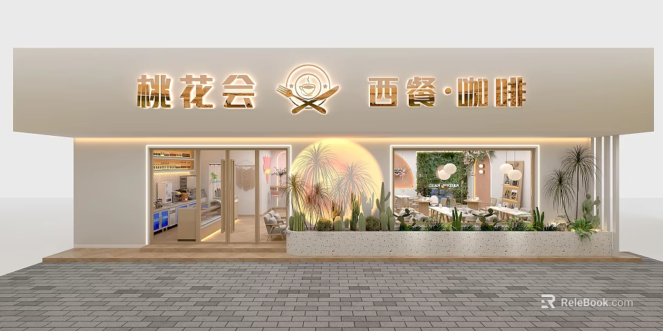 Elegant Peach Blossom Themed Café Facade With Western Cuisine And Greenery Dining Area 3d model 
