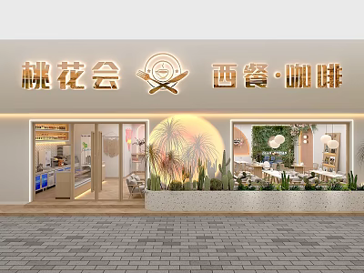 Elegant Peach Blossom Themed Café Facade With Western Cuisine And Greenery Dining Area 3d model