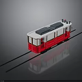 Red and White Vintage Tram Exterior with Black Roof Windows on Tracks