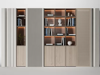 Modern Wooden Bookcase Interior With Layered Shelves Decorative Items And Built in Lighting 3d model