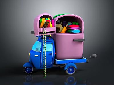 Pink Refrigerator Freezer with Open Door Filled with Colorful Fruits Vegetables Plates on Blue Cart 3d model
